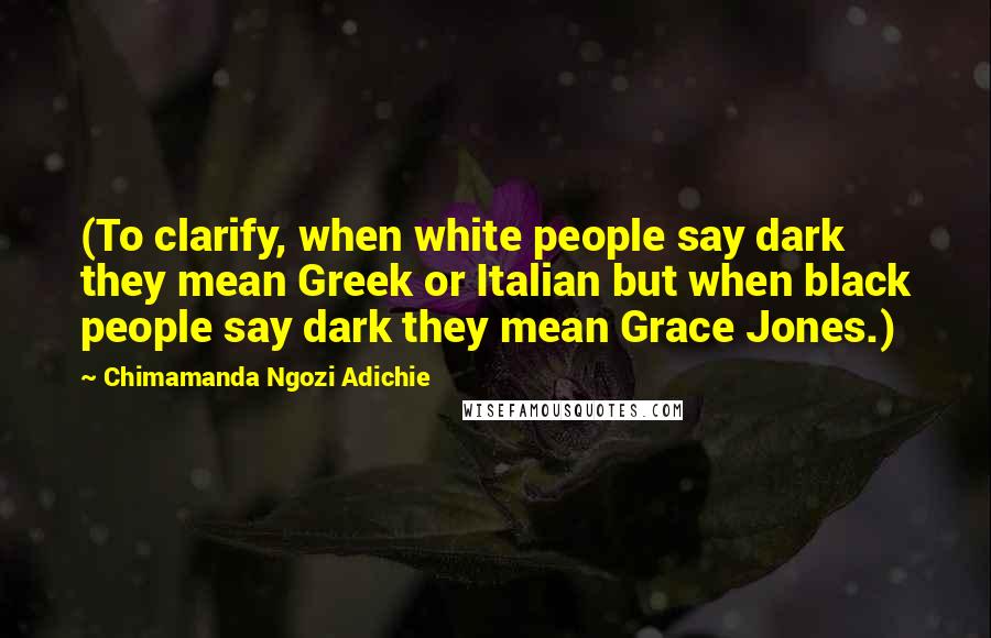 Chimamanda Ngozi Adichie Quotes: (To clarify, when white people say dark they mean Greek or Italian but when black people say dark they mean Grace Jones.)