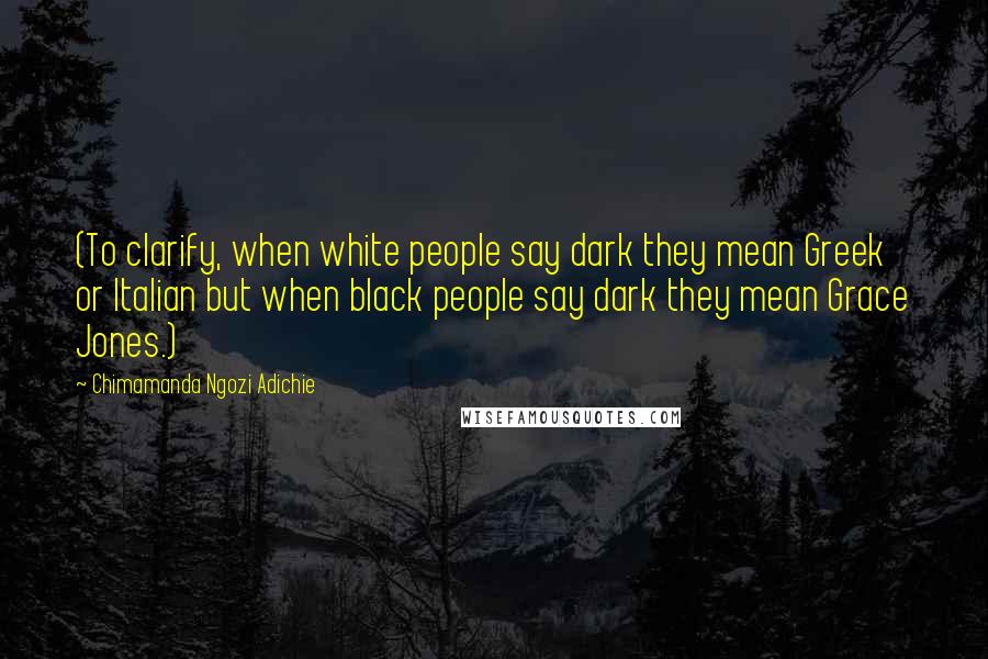 Chimamanda Ngozi Adichie Quotes: (To clarify, when white people say dark they mean Greek or Italian but when black people say dark they mean Grace Jones.)