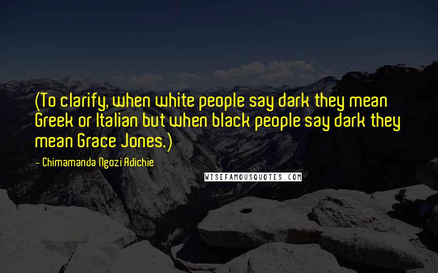 Chimamanda Ngozi Adichie Quotes: (To clarify, when white people say dark they mean Greek or Italian but when black people say dark they mean Grace Jones.)