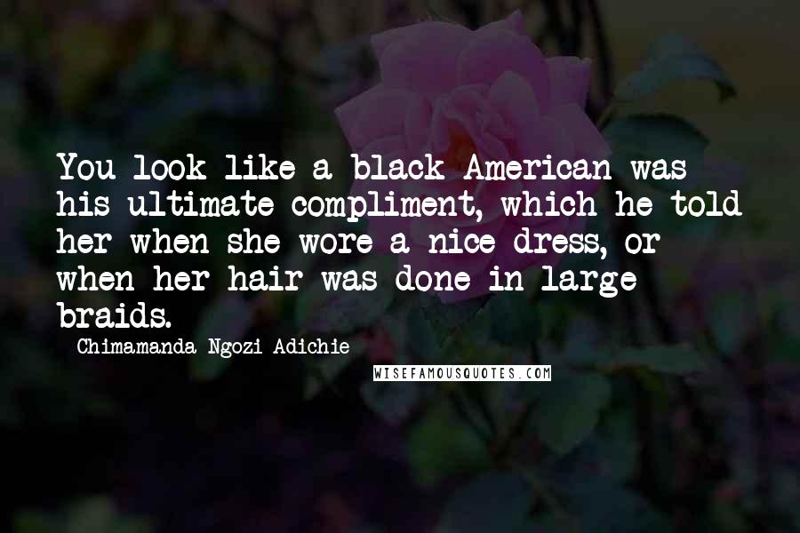 Chimamanda Ngozi Adichie Quotes: You look like a black American was his ultimate compliment, which he told her when she wore a nice dress, or when her hair was done in large braids.