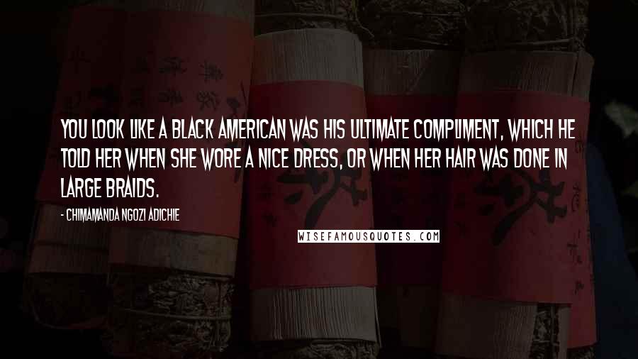 Chimamanda Ngozi Adichie Quotes: You look like a black American was his ultimate compliment, which he told her when she wore a nice dress, or when her hair was done in large braids.