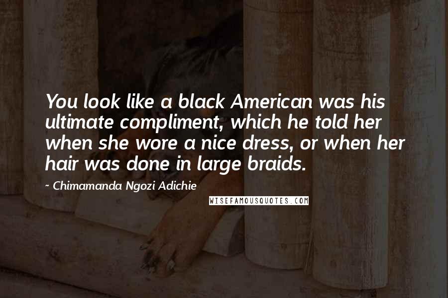 Chimamanda Ngozi Adichie Quotes: You look like a black American was his ultimate compliment, which he told her when she wore a nice dress, or when her hair was done in large braids.