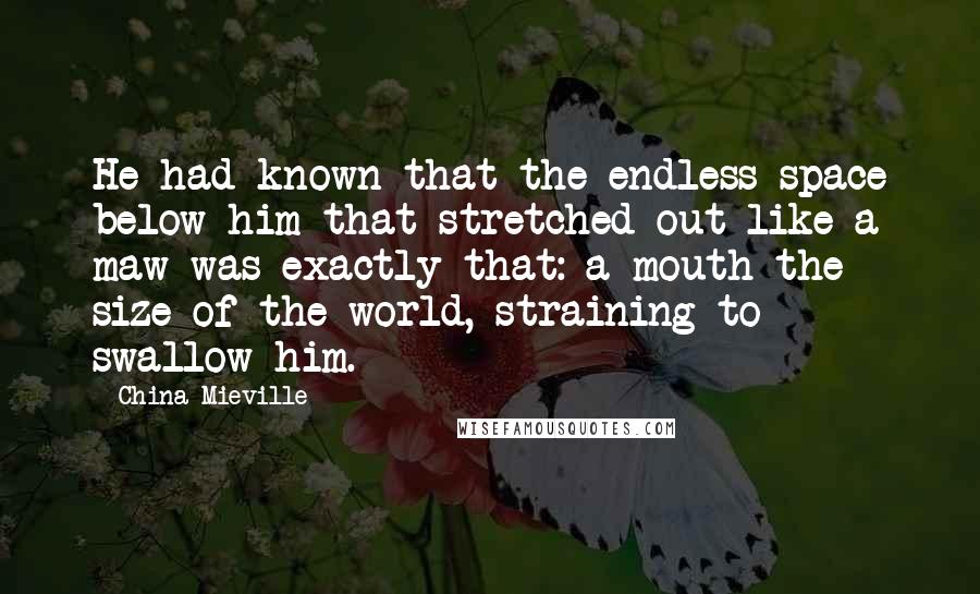 China Mieville Quotes: He had known that the endless space below him that stretched out like a maw was exactly that: a mouth the size of the world, straining to swallow him.