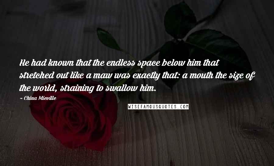 China Mieville Quotes: He had known that the endless space below him that stretched out like a maw was exactly that: a mouth the size of the world, straining to swallow him.