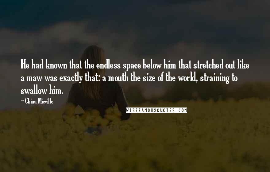 China Mieville Quotes: He had known that the endless space below him that stretched out like a maw was exactly that: a mouth the size of the world, straining to swallow him.