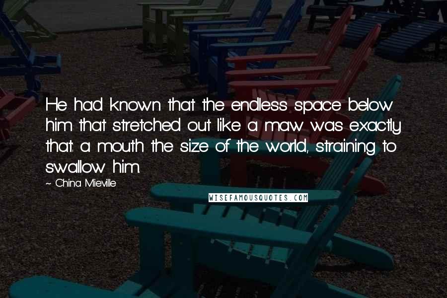 China Mieville Quotes: He had known that the endless space below him that stretched out like a maw was exactly that: a mouth the size of the world, straining to swallow him.