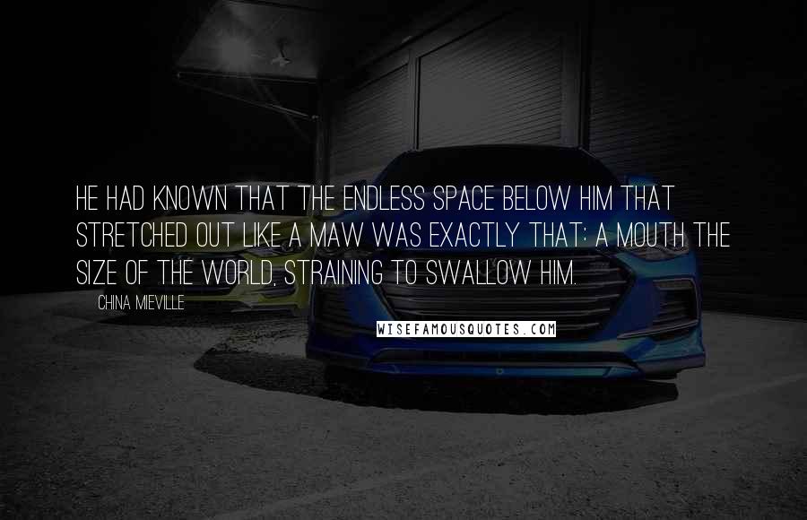 China Mieville Quotes: He had known that the endless space below him that stretched out like a maw was exactly that: a mouth the size of the world, straining to swallow him.