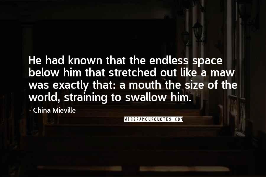 China Mieville Quotes: He had known that the endless space below him that stretched out like a maw was exactly that: a mouth the size of the world, straining to swallow him.