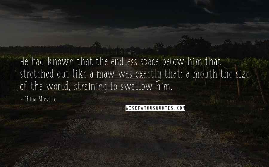 China Mieville Quotes: He had known that the endless space below him that stretched out like a maw was exactly that: a mouth the size of the world, straining to swallow him.