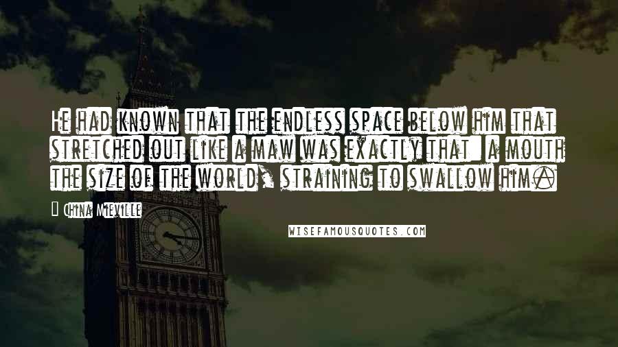 China Mieville Quotes: He had known that the endless space below him that stretched out like a maw was exactly that: a mouth the size of the world, straining to swallow him.