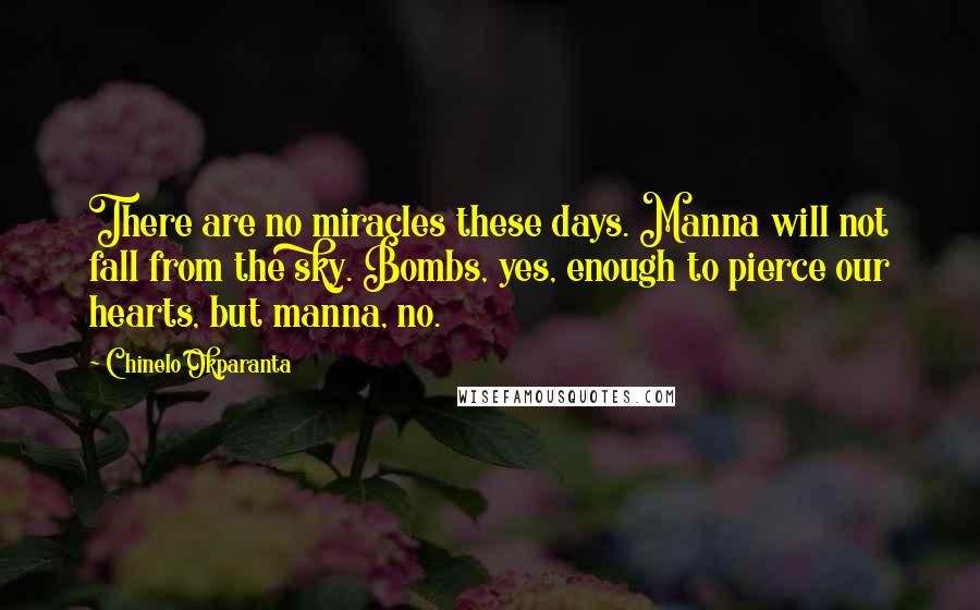 Chinelo Okparanta Quotes: There are no miracles these days. Manna will not fall from the sky. Bombs, yes, enough to pierce our hearts, but manna, no.