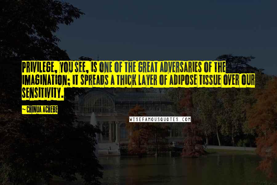 Chinua Achebe Quotes: Privilege, you see, is one of the great adversaries of the imagination; it spreads a thick layer of adipose tissue over our sensitivity.