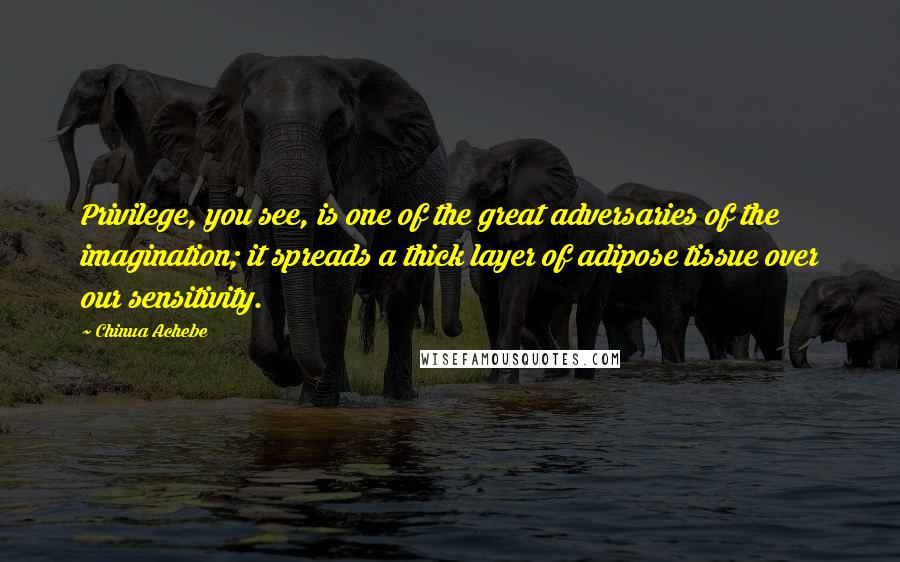 Chinua Achebe Quotes: Privilege, you see, is one of the great adversaries of the imagination; it spreads a thick layer of adipose tissue over our sensitivity.