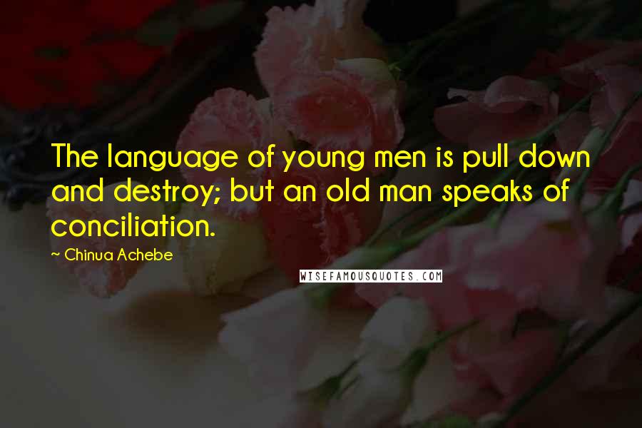 Chinua Achebe Quotes: The language of young men is pull down and destroy; but an old man speaks of conciliation.