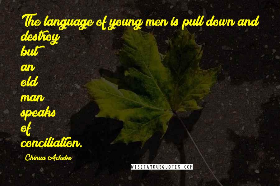 Chinua Achebe Quotes: The language of young men is pull down and destroy; but an old man speaks of conciliation.