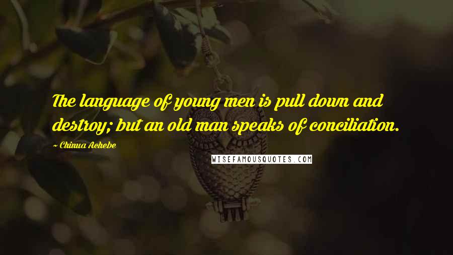 Chinua Achebe Quotes: The language of young men is pull down and destroy; but an old man speaks of conciliation.