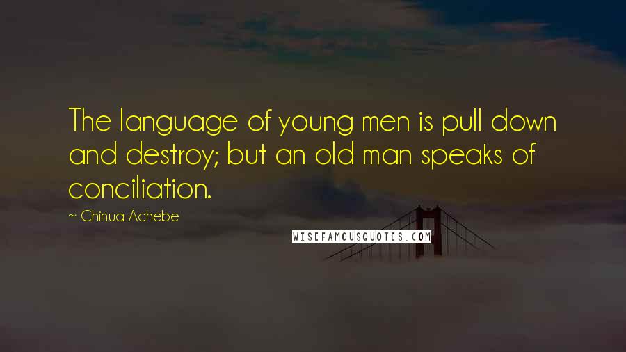 Chinua Achebe Quotes: The language of young men is pull down and destroy; but an old man speaks of conciliation.