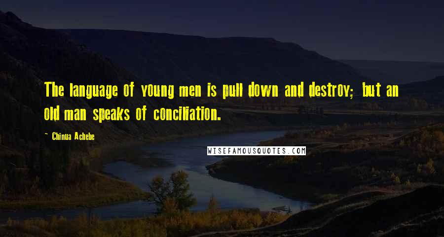 Chinua Achebe Quotes: The language of young men is pull down and destroy; but an old man speaks of conciliation.