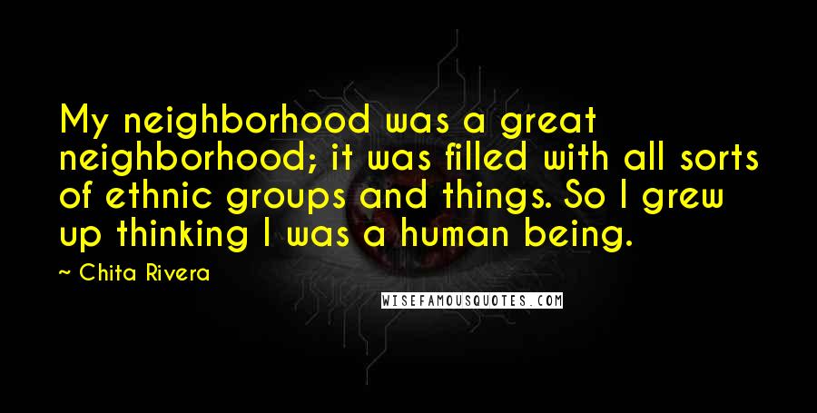 Chita Rivera Quotes: My neighborhood was a great neighborhood; it was filled with all sorts of ethnic groups and things. So I grew up thinking I was a human being.