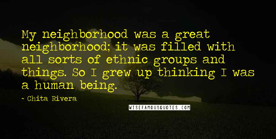 Chita Rivera Quotes: My neighborhood was a great neighborhood; it was filled with all sorts of ethnic groups and things. So I grew up thinking I was a human being.