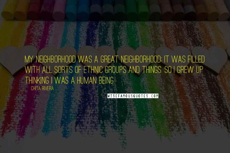 Chita Rivera Quotes: My neighborhood was a great neighborhood; it was filled with all sorts of ethnic groups and things. So I grew up thinking I was a human being.