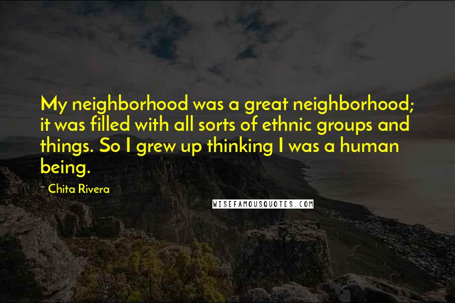 Chita Rivera Quotes: My neighborhood was a great neighborhood; it was filled with all sorts of ethnic groups and things. So I grew up thinking I was a human being.