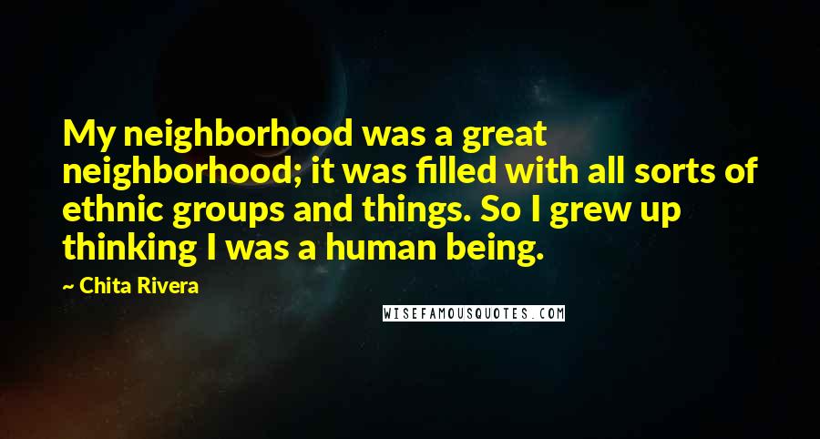 Chita Rivera Quotes: My neighborhood was a great neighborhood; it was filled with all sorts of ethnic groups and things. So I grew up thinking I was a human being.