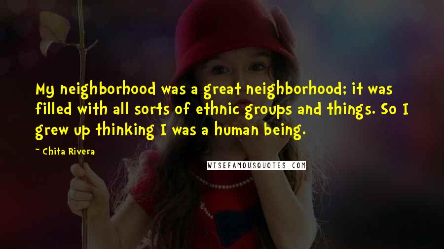 Chita Rivera Quotes: My neighborhood was a great neighborhood; it was filled with all sorts of ethnic groups and things. So I grew up thinking I was a human being.