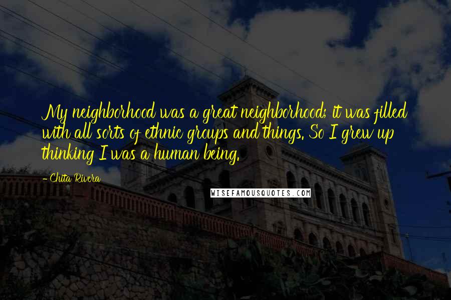 Chita Rivera Quotes: My neighborhood was a great neighborhood; it was filled with all sorts of ethnic groups and things. So I grew up thinking I was a human being.