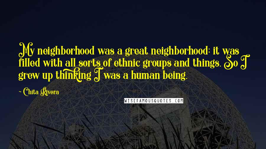 Chita Rivera Quotes: My neighborhood was a great neighborhood; it was filled with all sorts of ethnic groups and things. So I grew up thinking I was a human being.