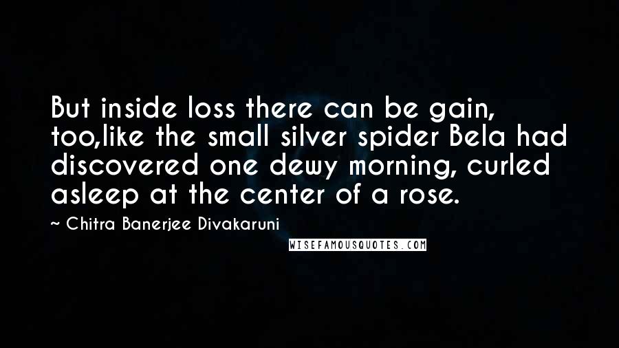 Chitra Banerjee Divakaruni Quotes: But inside loss there can be gain, too,like the small silver spider Bela had discovered one dewy morning, curled asleep at the center of a rose.