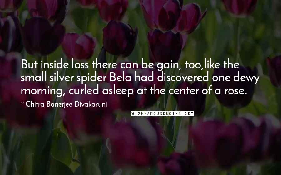 Chitra Banerjee Divakaruni Quotes: But inside loss there can be gain, too,like the small silver spider Bela had discovered one dewy morning, curled asleep at the center of a rose.