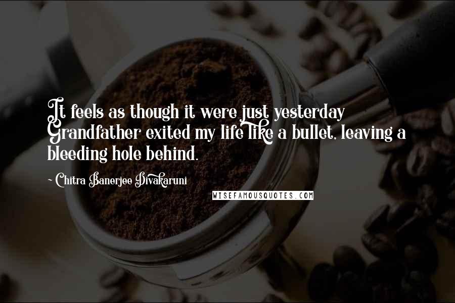 Chitra Banerjee Divakaruni Quotes: It feels as though it were just yesterday Grandfather exited my life like a bullet, leaving a bleeding hole behind.