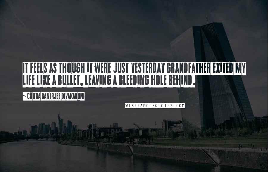 Chitra Banerjee Divakaruni Quotes: It feels as though it were just yesterday Grandfather exited my life like a bullet, leaving a bleeding hole behind.