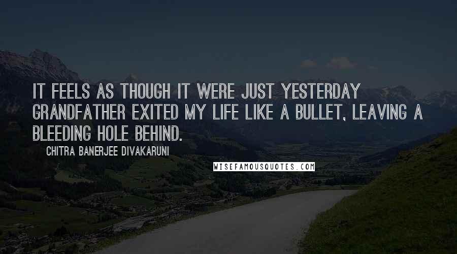 Chitra Banerjee Divakaruni Quotes: It feels as though it were just yesterday Grandfather exited my life like a bullet, leaving a bleeding hole behind.