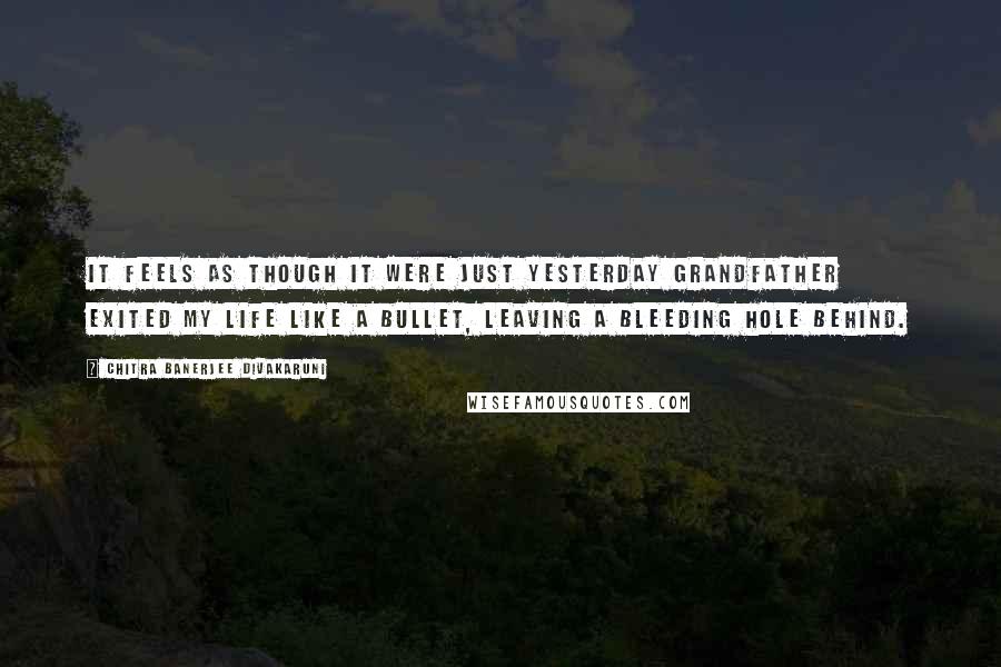 Chitra Banerjee Divakaruni Quotes: It feels as though it were just yesterday Grandfather exited my life like a bullet, leaving a bleeding hole behind.