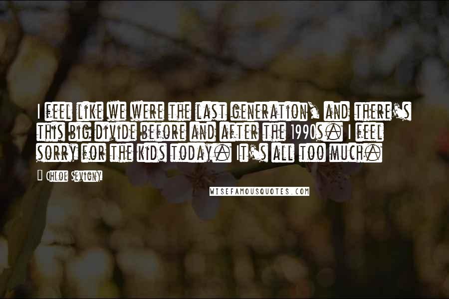 Chloe Sevigny Quotes: I feel like we were the last generation, and there's this big divide before and after the 1990s. I feel sorry for the kids today. It's all too much.