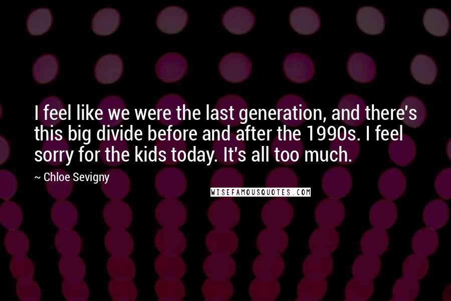 Chloe Sevigny Quotes: I feel like we were the last generation, and there's this big divide before and after the 1990s. I feel sorry for the kids today. It's all too much.