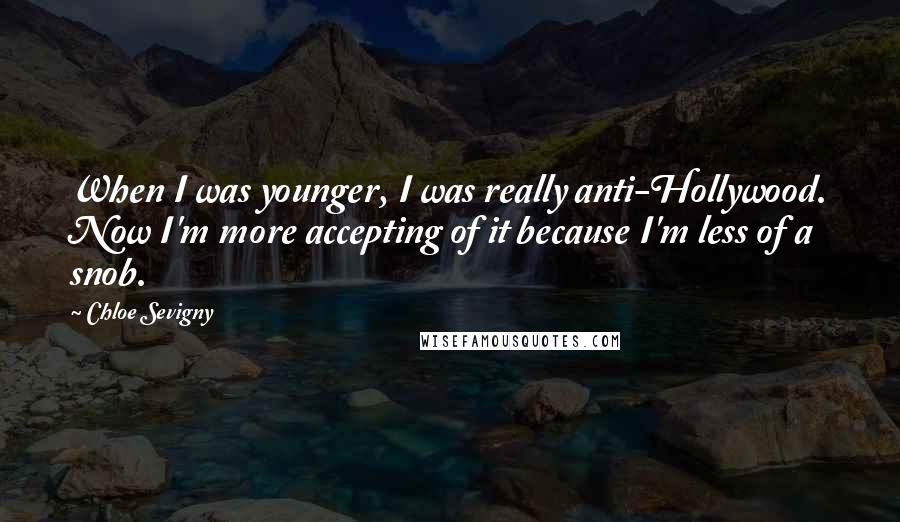 Chloe Sevigny Quotes: When I was younger, I was really anti-Hollywood. Now I'm more accepting of it because I'm less of a snob.