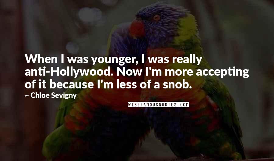 Chloe Sevigny Quotes: When I was younger, I was really anti-Hollywood. Now I'm more accepting of it because I'm less of a snob.