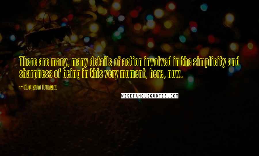 Chogyam Trungpa Quotes: There are many, many details of action involved in the simplicity and sharpness of being in this very moment, here, now.