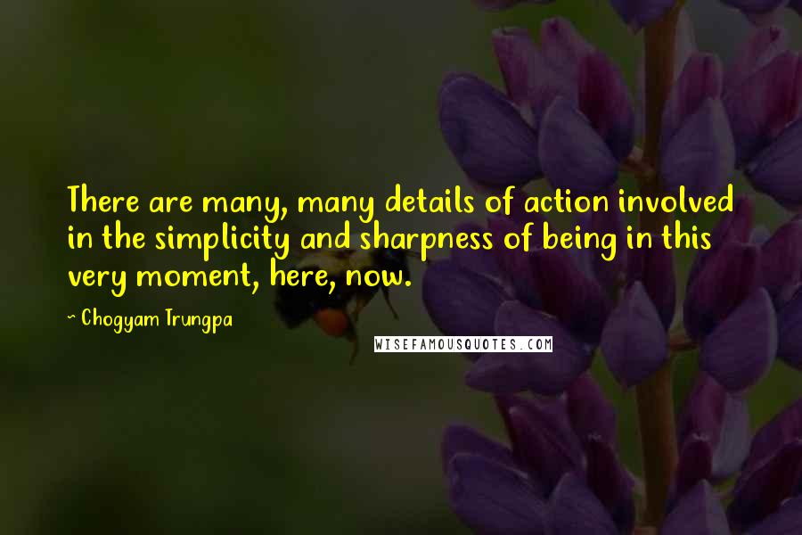 Chogyam Trungpa Quotes: There are many, many details of action involved in the simplicity and sharpness of being in this very moment, here, now.