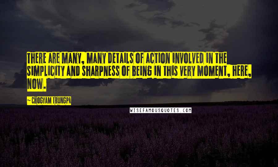 Chogyam Trungpa Quotes: There are many, many details of action involved in the simplicity and sharpness of being in this very moment, here, now.