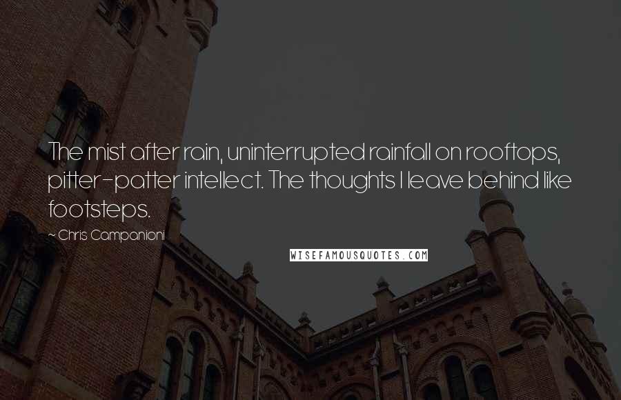 Chris Campanioni Quotes: The mist after rain, uninterrupted rainfall on rooftops, pitter-patter intellect. The thoughts I leave behind like footsteps.