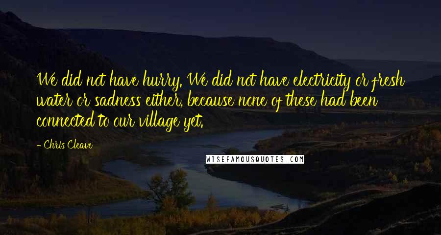 Chris Cleave Quotes: We did not have hurry. We did not have electricity or fresh water or sadness either, because none of these had been connected to our village yet.