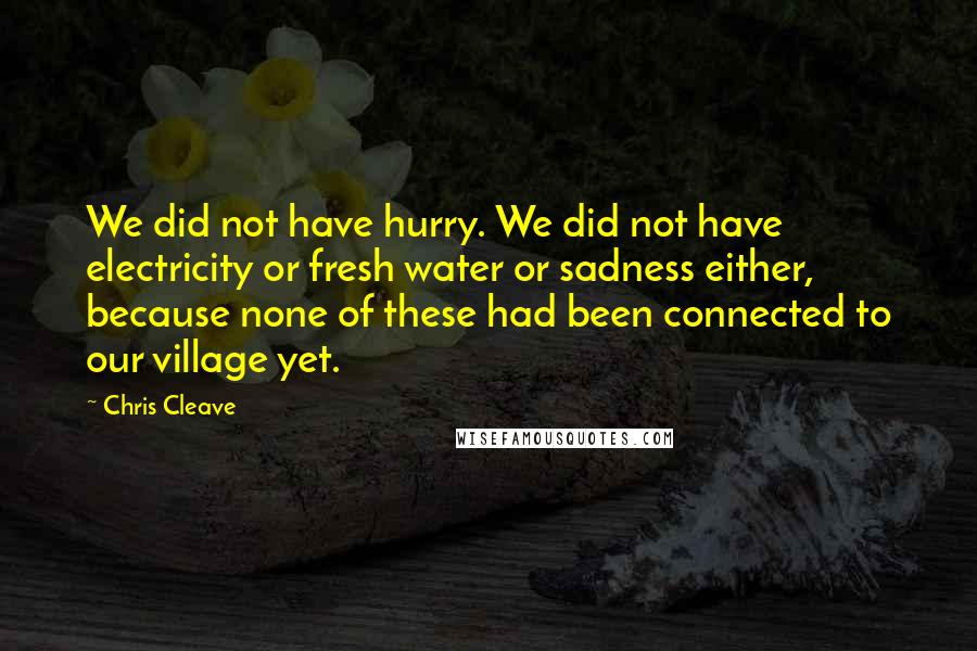 Chris Cleave Quotes: We did not have hurry. We did not have electricity or fresh water or sadness either, because none of these had been connected to our village yet.