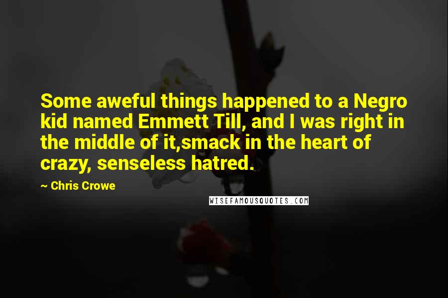 Chris Crowe Quotes: Some aweful things happened to a Negro kid named Emmett Till, and I was right in the middle of it,smack in the heart of crazy, senseless hatred.