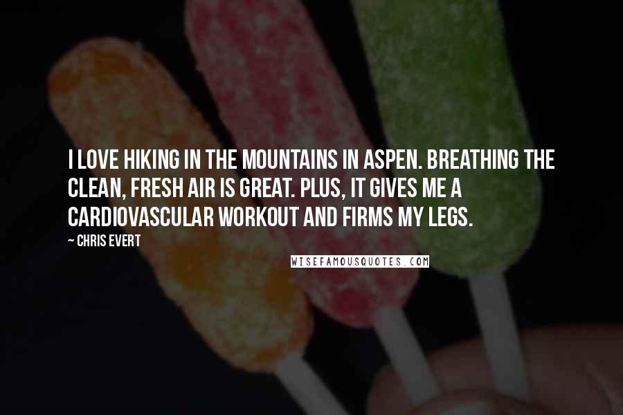 Chris Evert Quotes: I love hiking in the mountains in Aspen. Breathing the clean, fresh air is great. Plus, it gives me a cardiovascular workout and firms my legs.