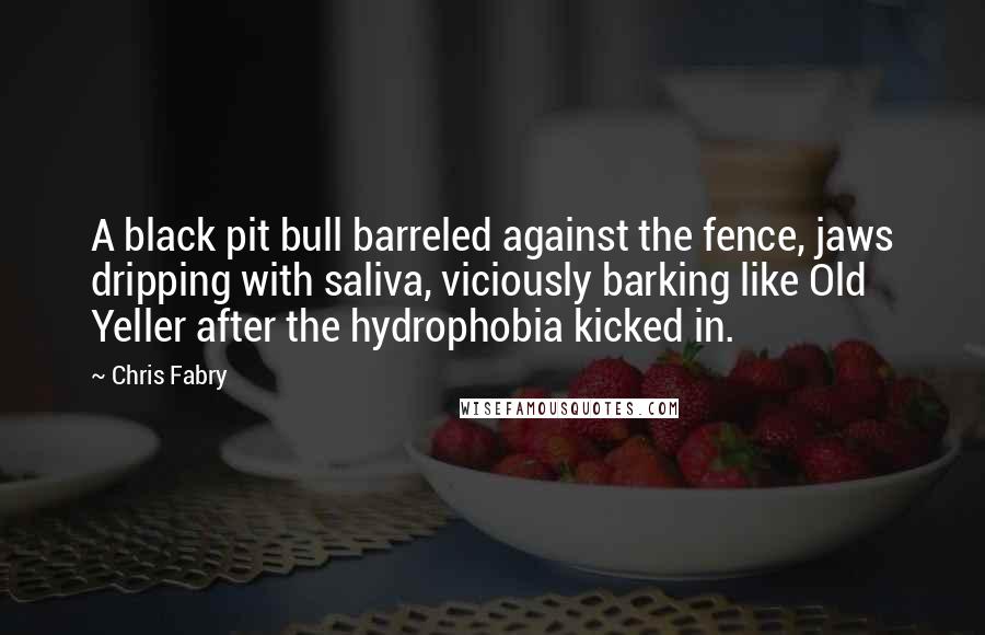 Chris Fabry Quotes: A black pit bull barreled against the fence, jaws dripping with saliva, viciously barking like Old Yeller after the hydrophobia kicked in.