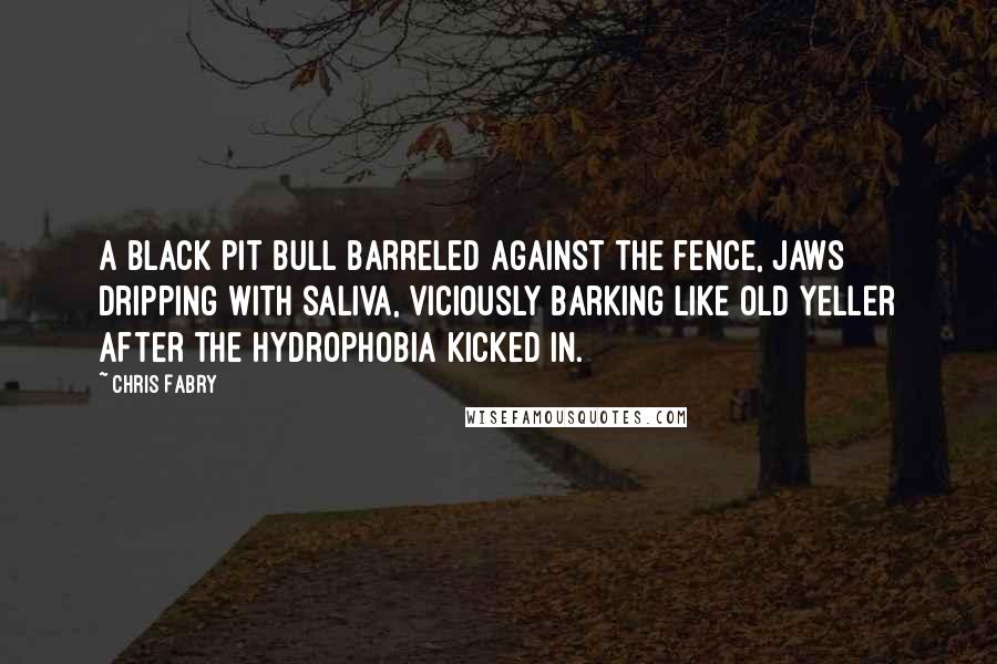 Chris Fabry Quotes: A black pit bull barreled against the fence, jaws dripping with saliva, viciously barking like Old Yeller after the hydrophobia kicked in.